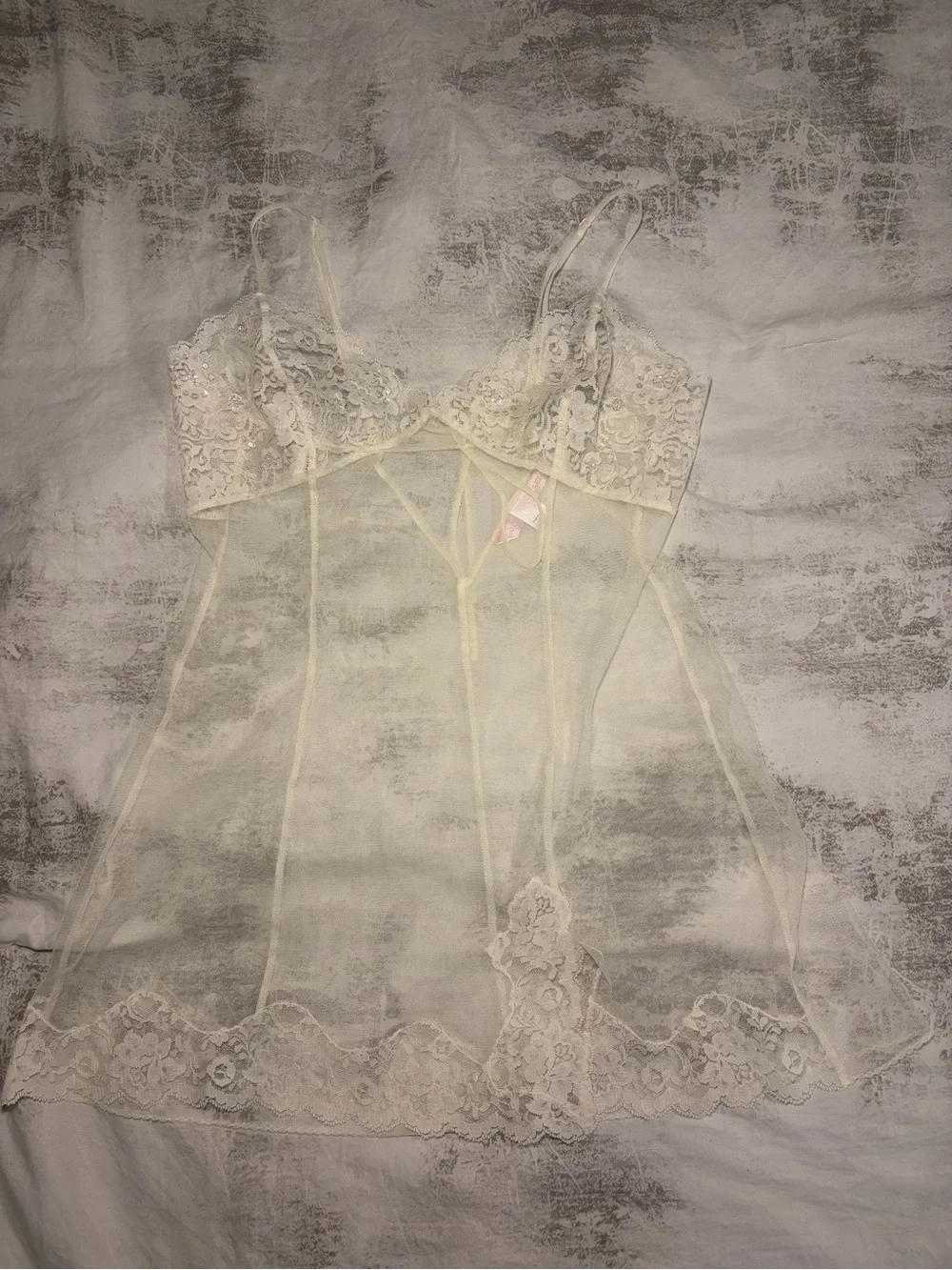 Victoria’s Secret Sheer Lace Babydoll Chemise Ivory Mesh Lingerie Y2K
